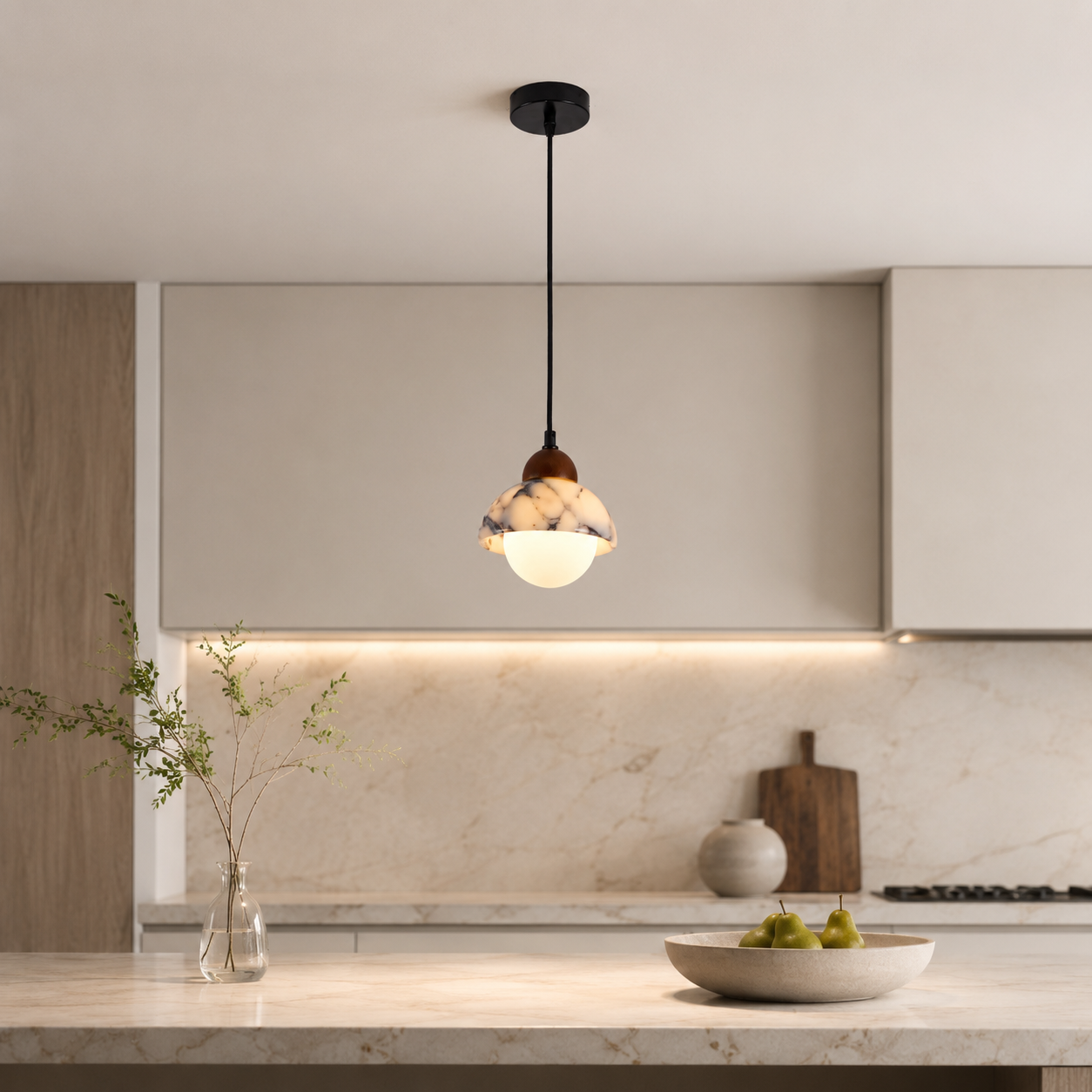 Travolith Patterned Stone Pendant Light – Pearl Black and Brass Natural Stone Ceiling Fixture - product view 5