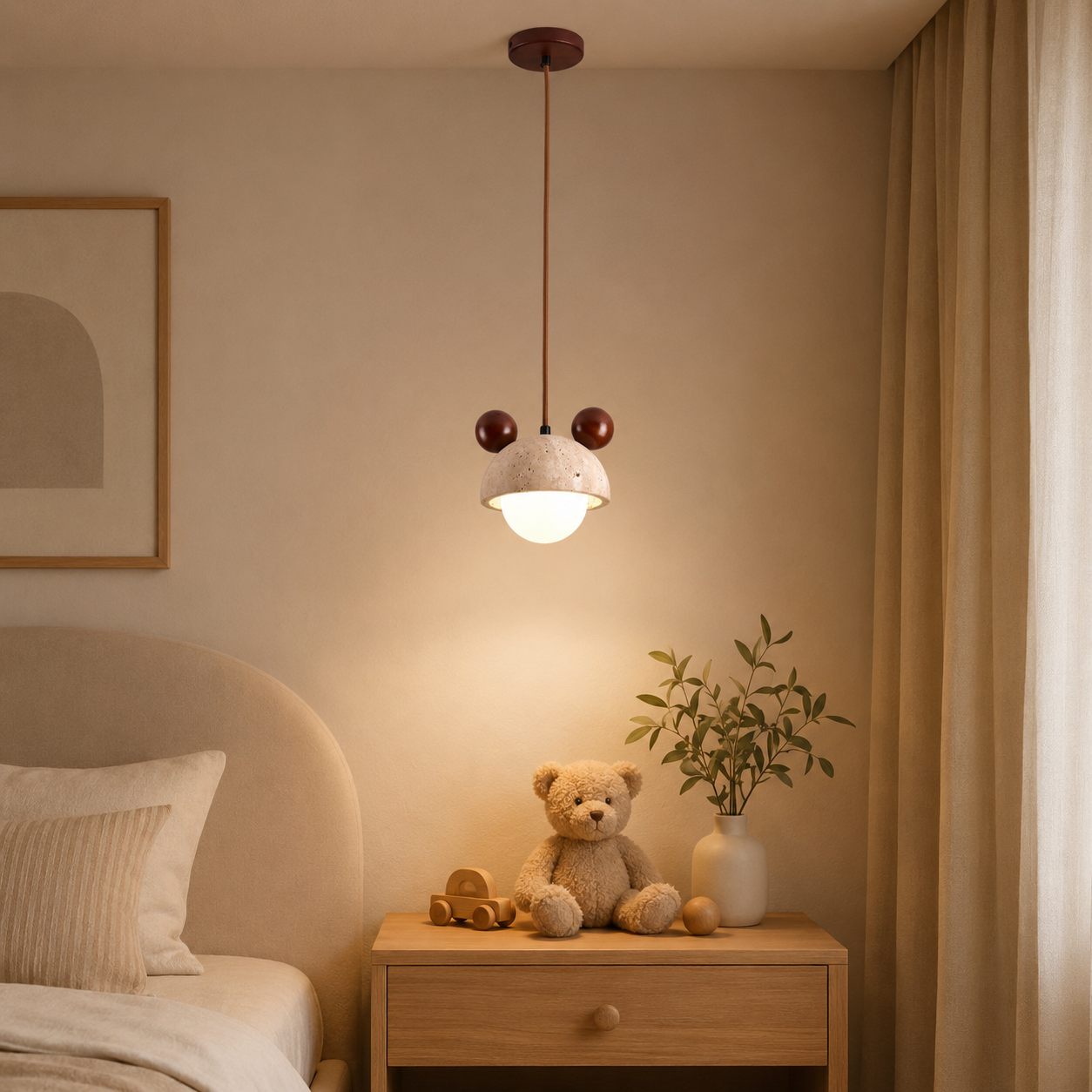 Travolith Wabi-Sabi Yellow Travertine & Wood Pendant Light – Vintage Bedside Hanging Lamp - product view 2