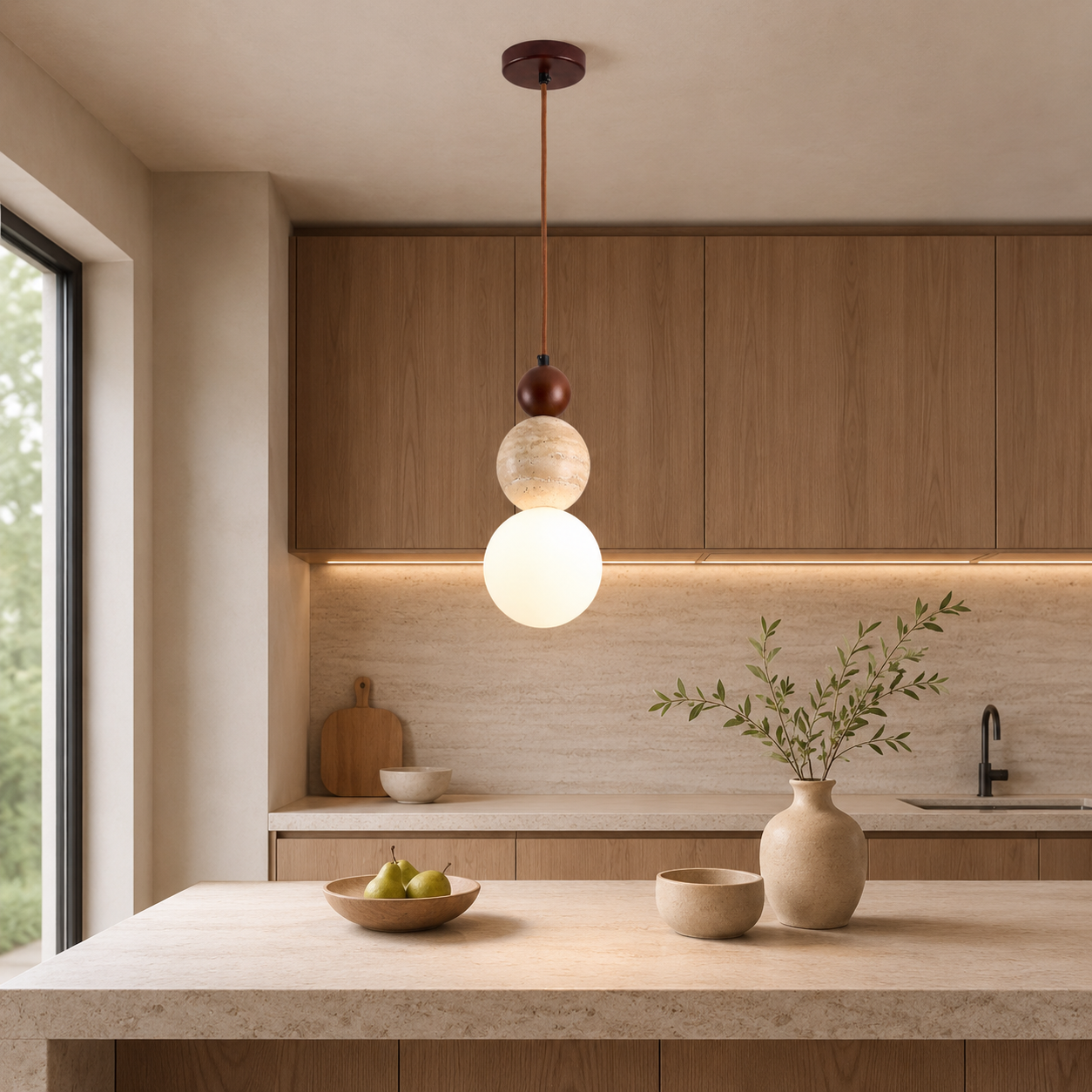 Travolith Vintage Cream Travertine Pendant Light – Wood & Stone Hanging Lamp - product view 4
