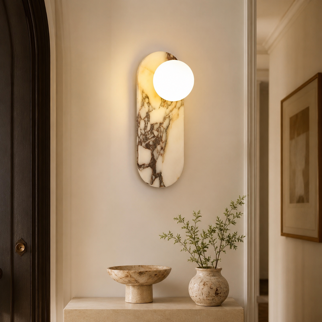 Travolith Patterned Stone Triple-Globe Wall Light – Vertical Natural Stone Sconce with Brass Details - product view 8