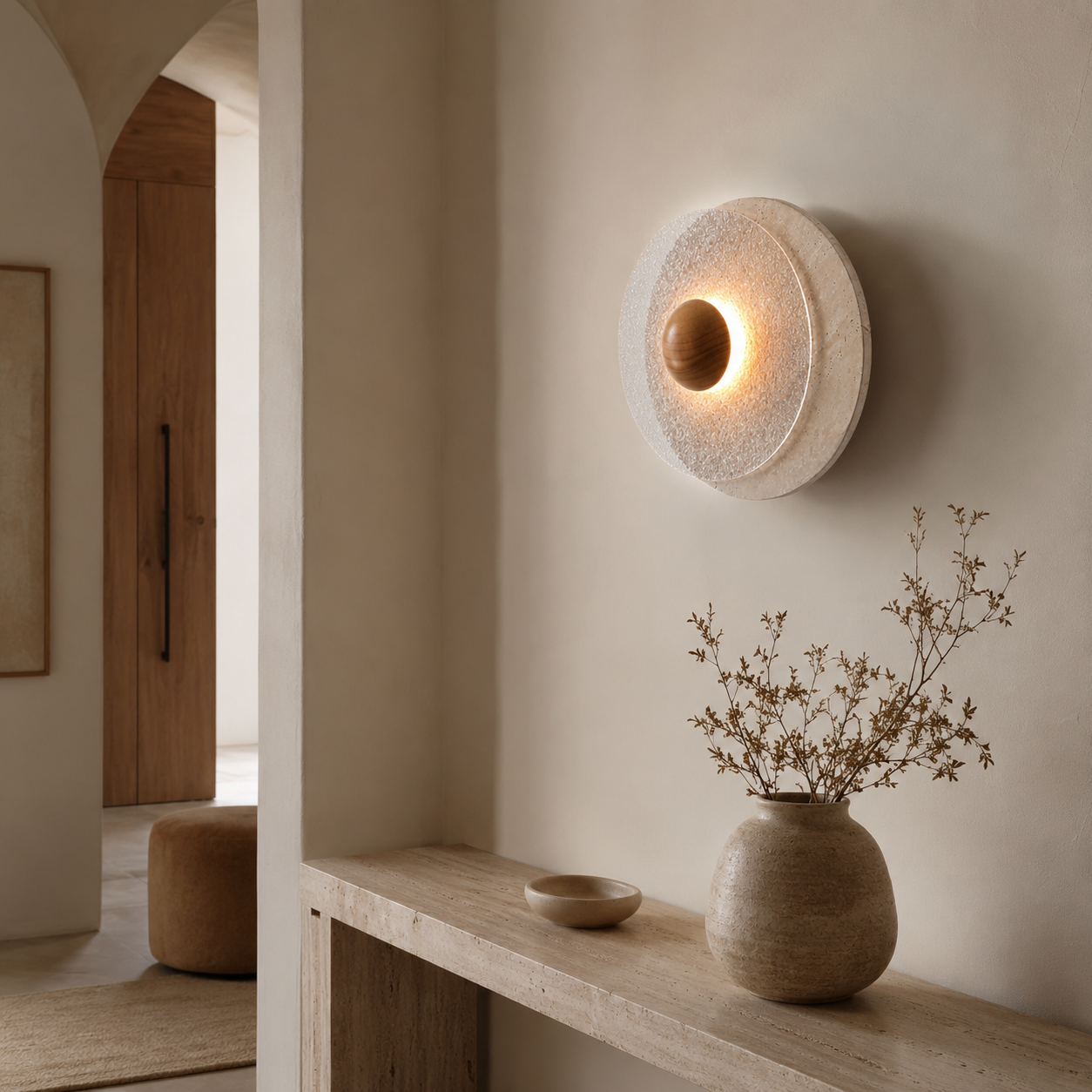 Travolith Kanso Halo Travertine Wall Sconce – Japanese Vintage Round Bedside Light - product view 8