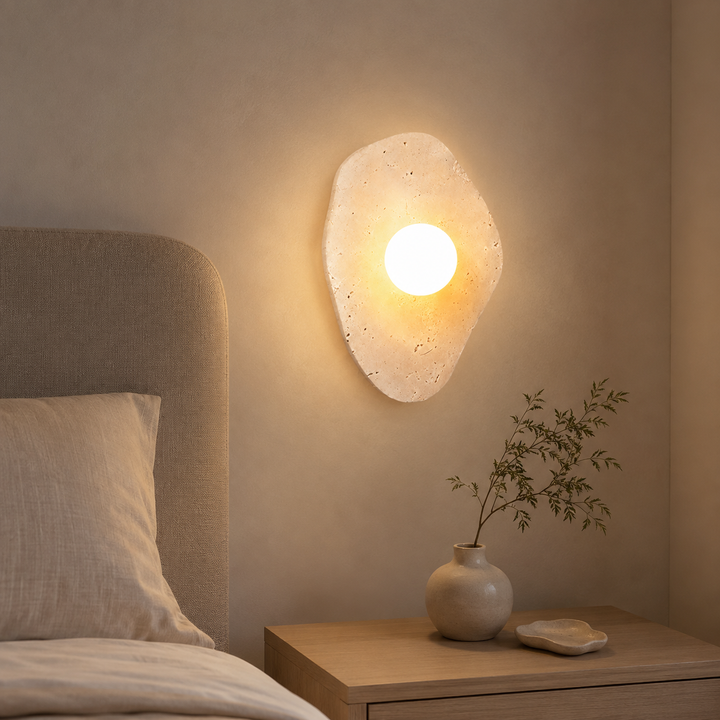 Travolith Wabi-Sabi Travertine Wall Sconce – Natural Stone Ambient Light for Bedroom, Entryway & Hallway