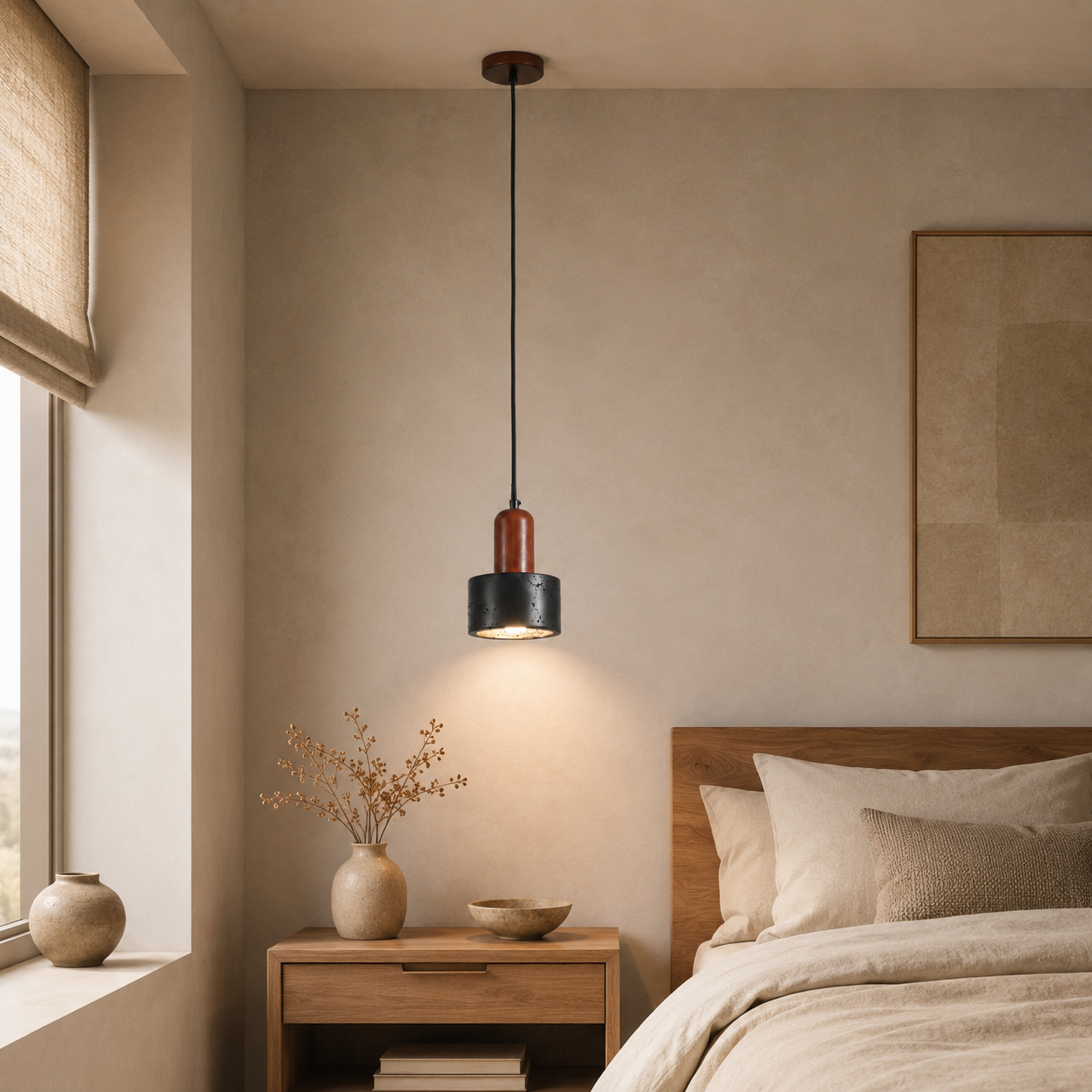 Travolith 6911 Large Black Travertine Pendant Light – Natural Stone Cylinder Lamp with Wood Detail - product view 6