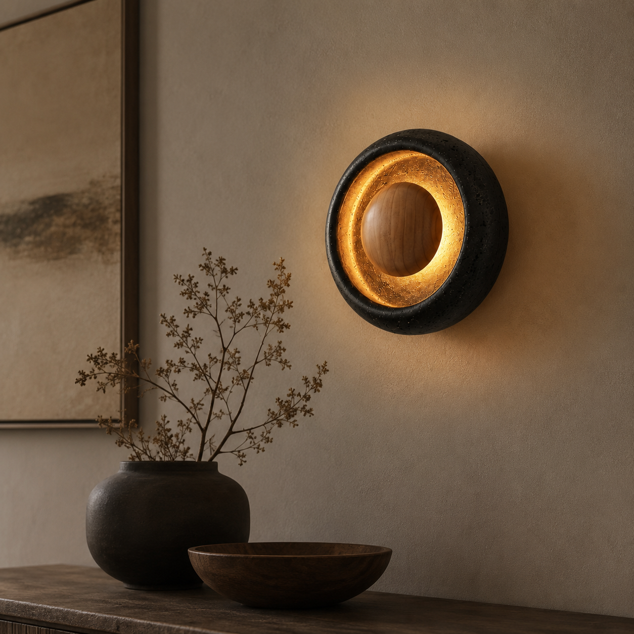 Travolith Black Travertine Halo Wall Light – Natural Stone, Glass and Wood LED Fixture - product view 4