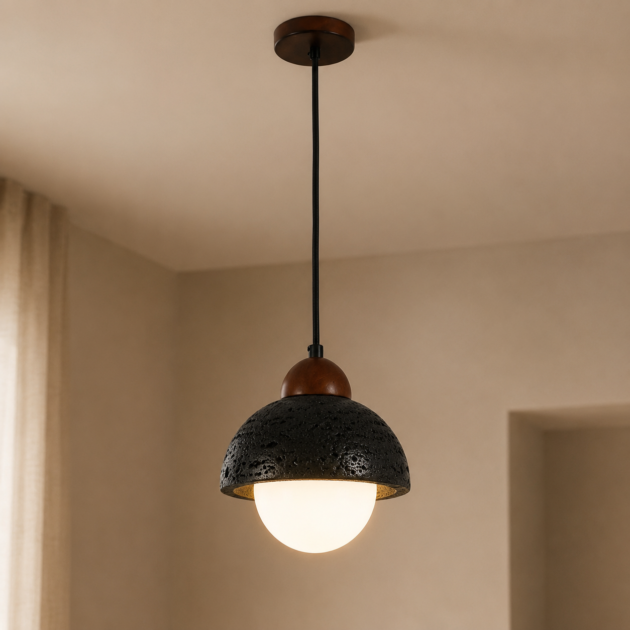 Travolith 6910 Black Travertine Pendant Light – Natural Stone Dome Lamp with Wood Accent - product view 5