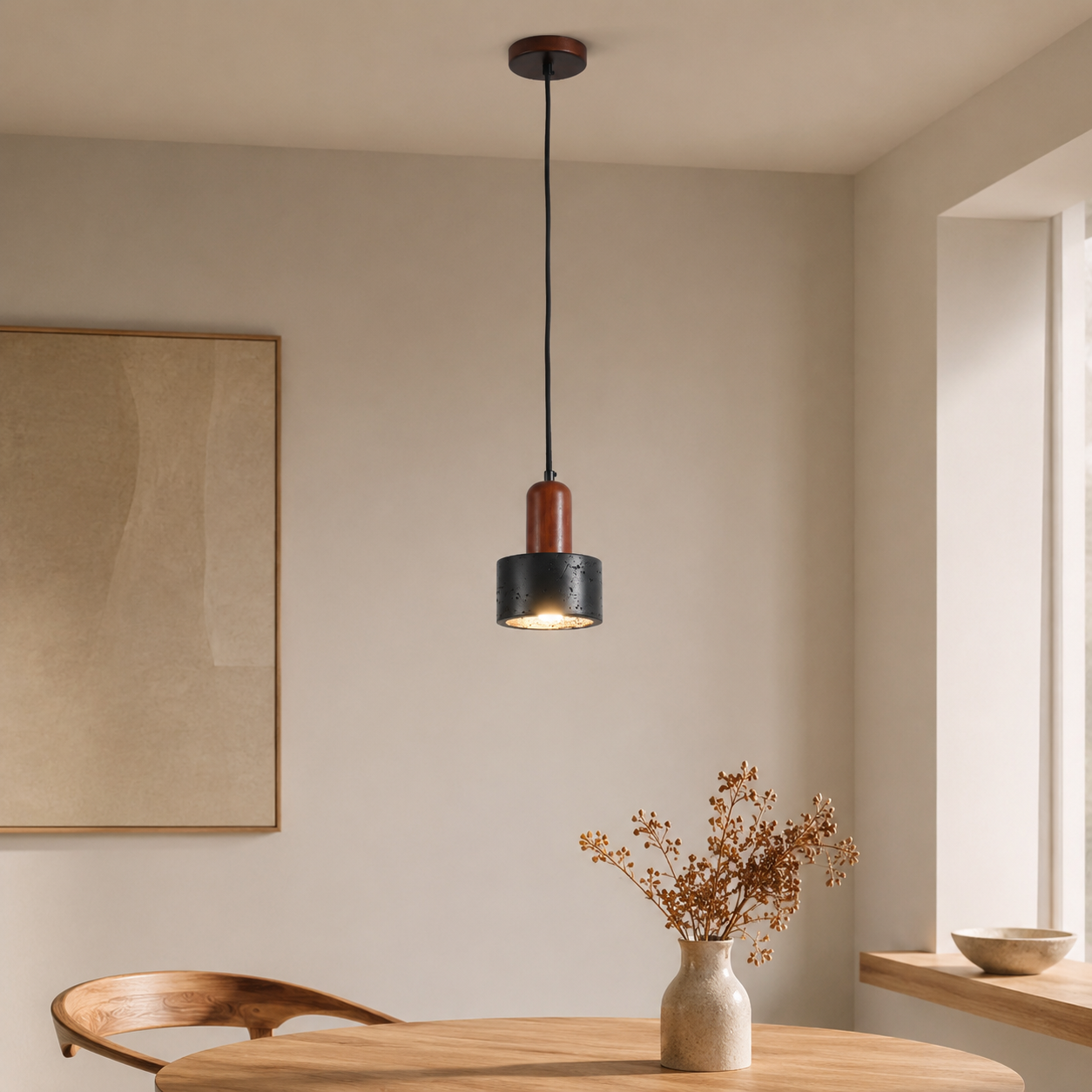 Travolith 6911 Large Black Travertine Pendant Light – Natural Stone Cylinder Lamp with Wood Detail - product view 7