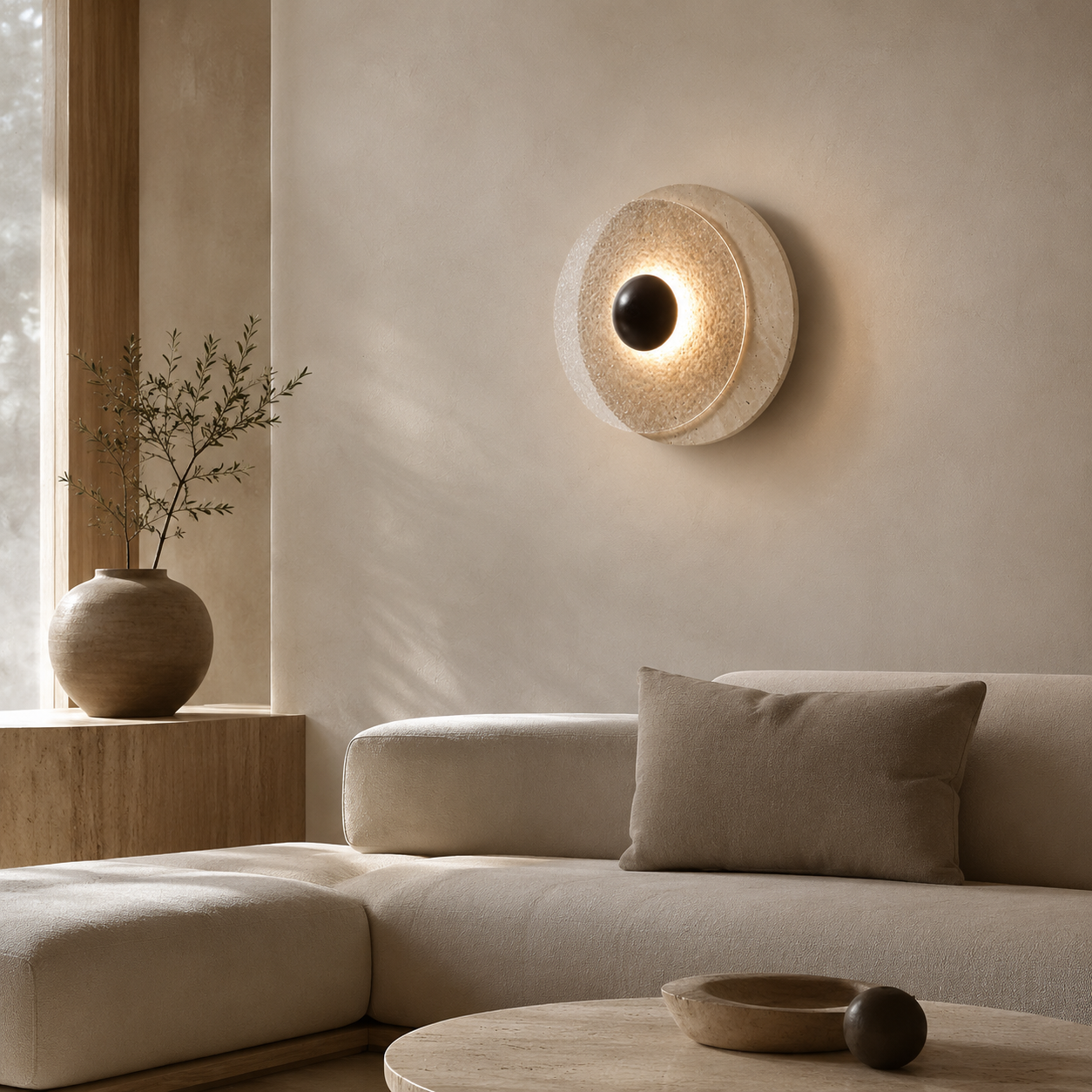 Travolith Kanso Halo Travertine Wall Sconce – Japanese Vintage Round Bedside Light - product view 1