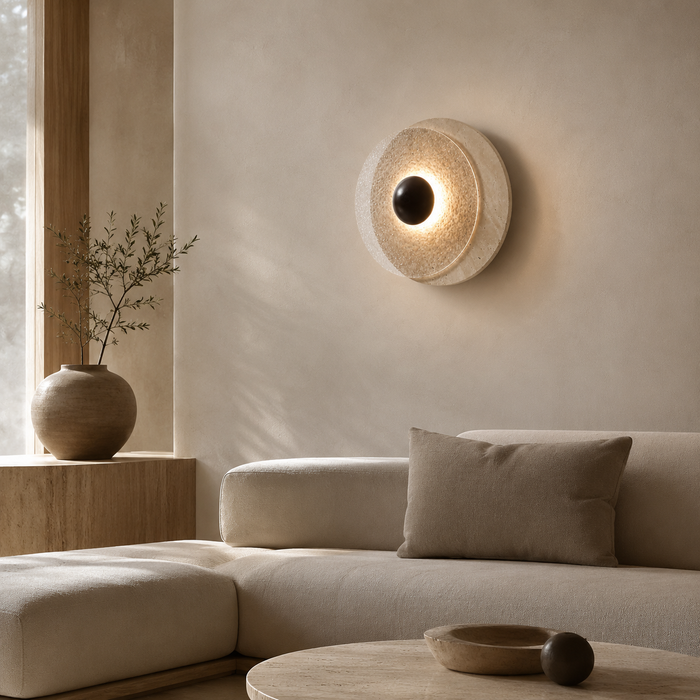 Kanso Halo Travertine Wall Sconce – Japanese Vintage Round Bedside Light