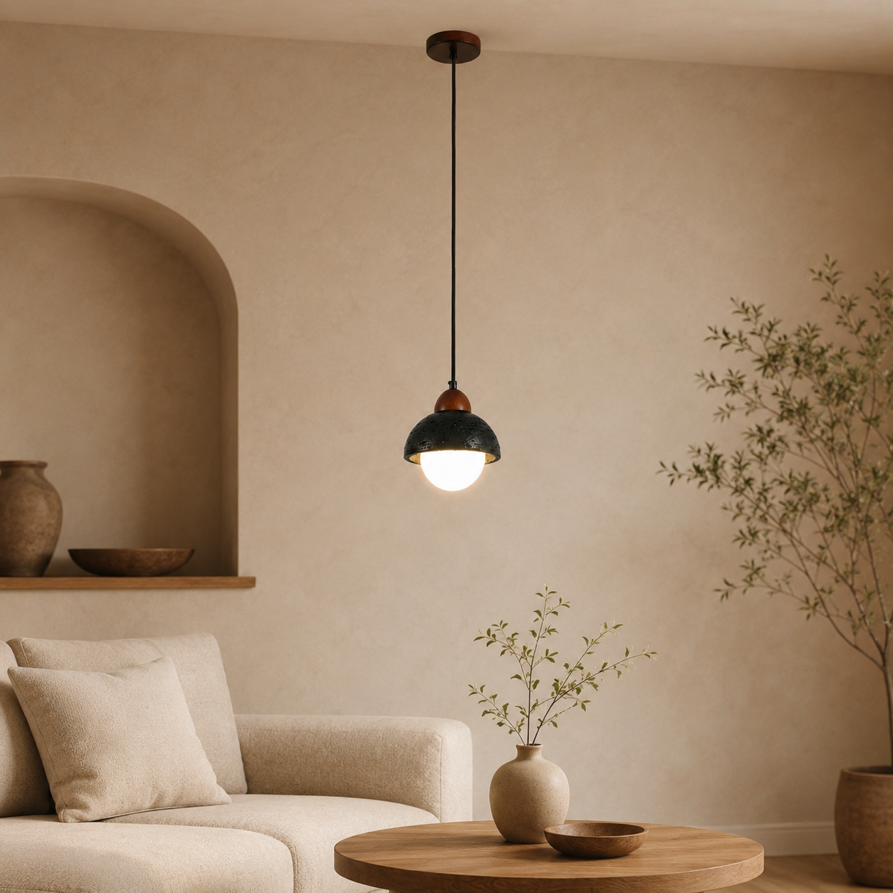 Travolith 6910 Black Travertine Pendant Light – Natural Stone Dome Lamp with Wood Accent - product view 7