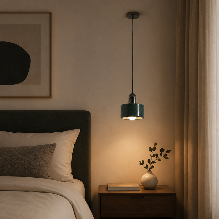 Travolith 6521 Natural Green Stone Pendant Light – Black Metal E27 Hanging Lamp