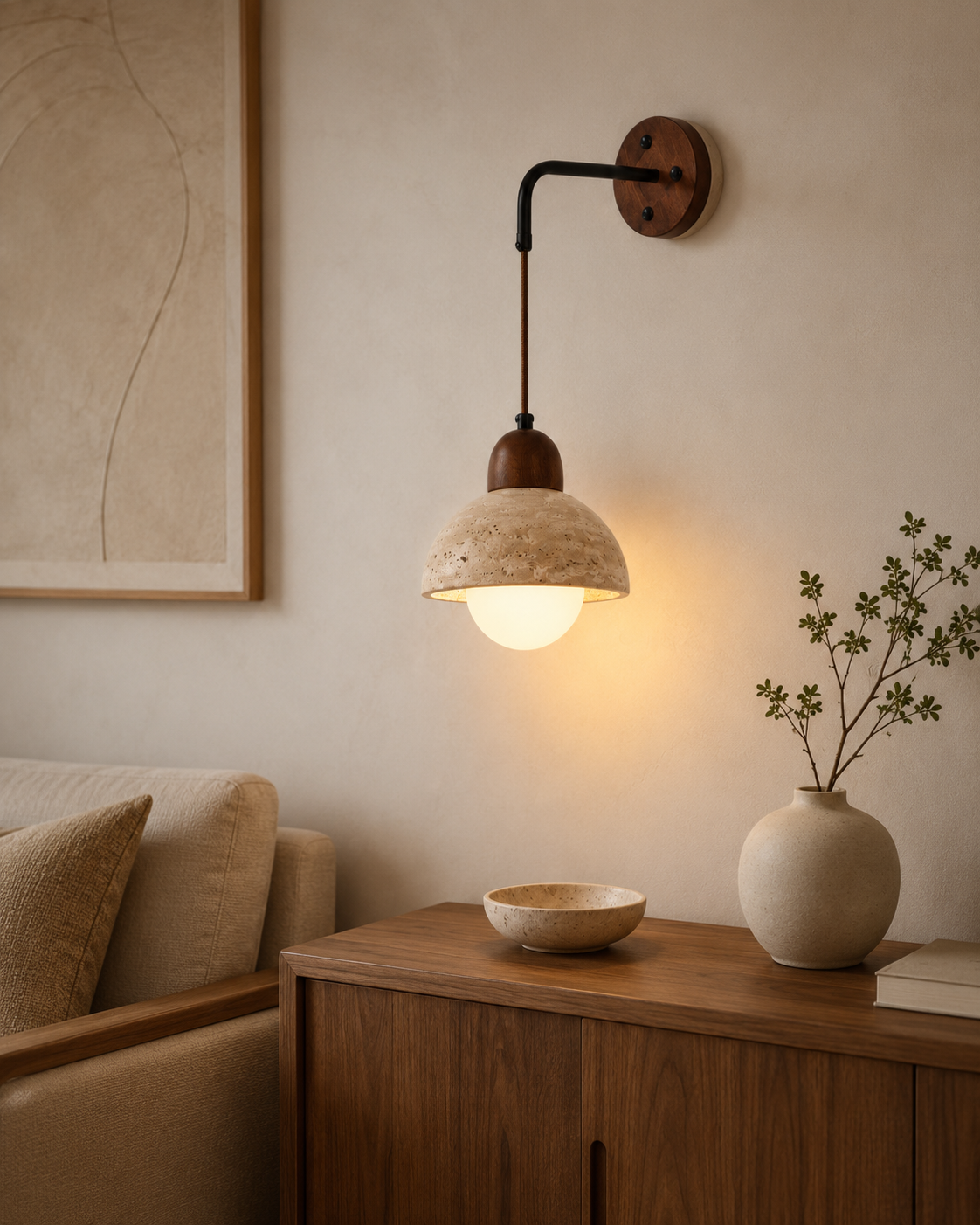 Travolith Wabi-Sabi Travertine Wall Sconce – Japanese Vintage Bedside Light for Living Room, Stairway & Hallway - product view 7