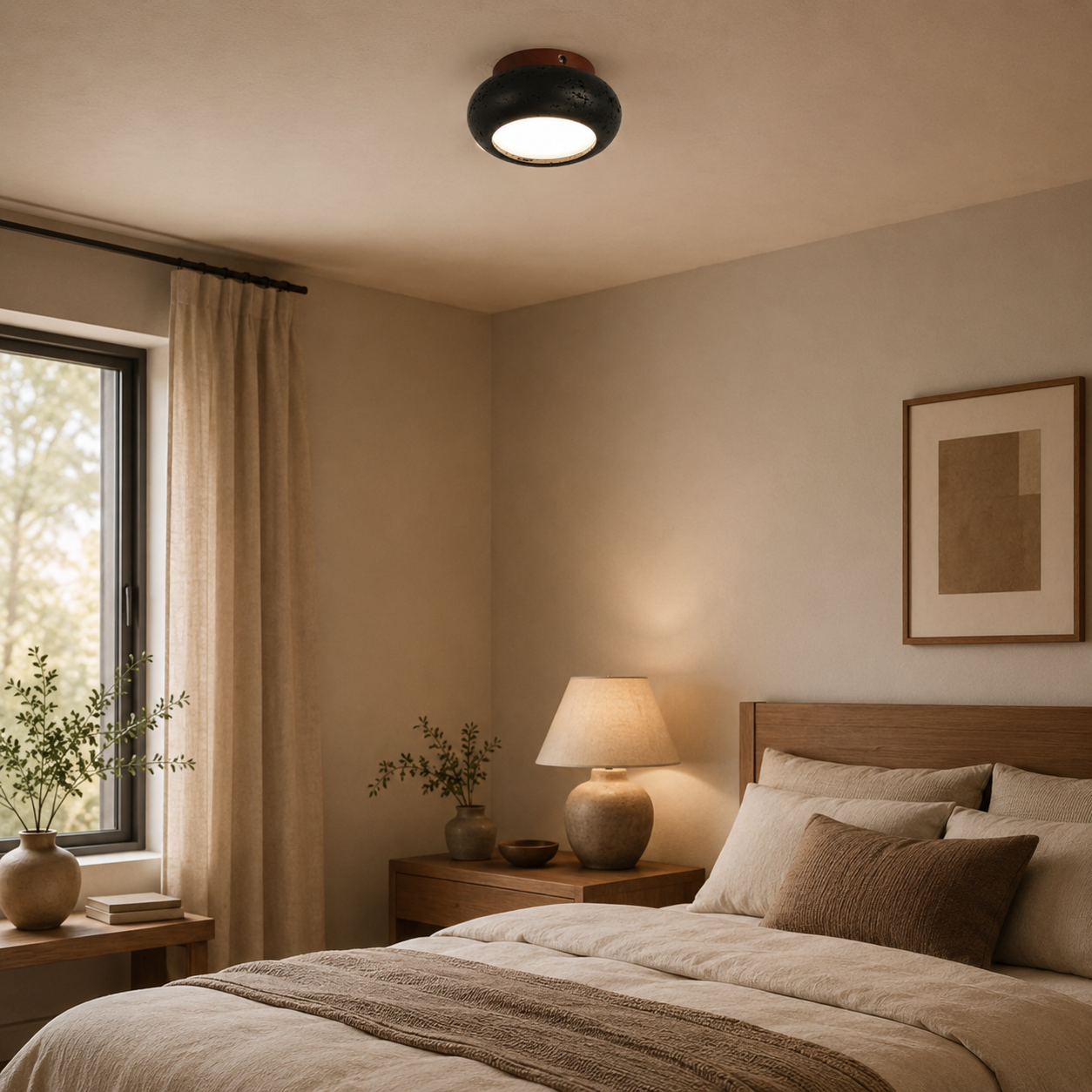 Travolith 6901 Black Travertine Ceiling Light – Natural Stone LED Fixture with Warm Wood Accent - product view 2