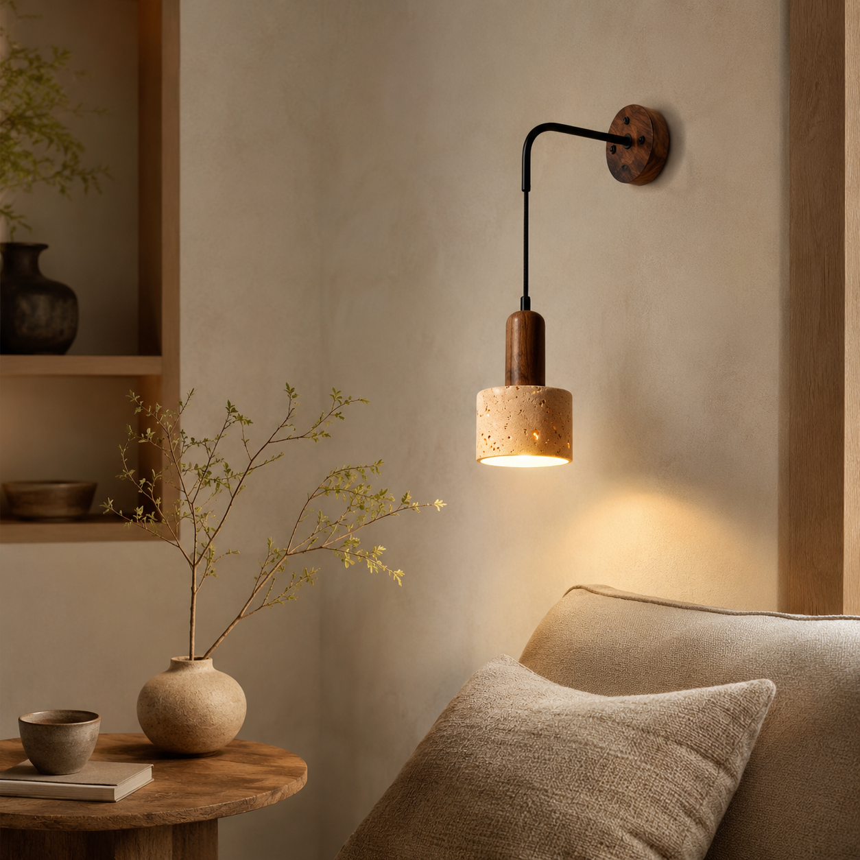 Travolith Wabi-Sabi Travertine Wall Sconce – Japanese Vintage Bedside Light for Living Room, Stairway & Hallway - product view 9