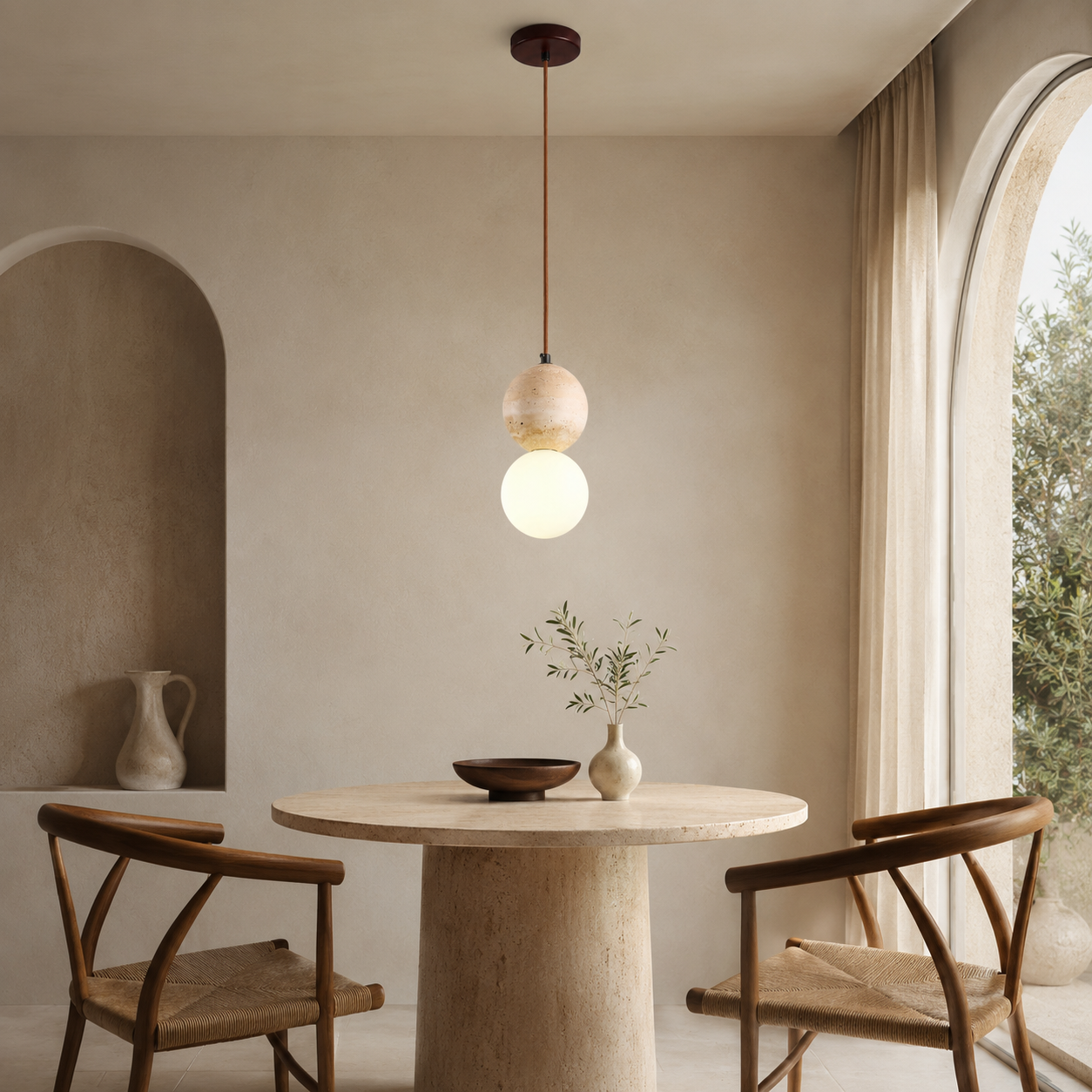 Travolith Natural Travertine Pendant Light – Wood & Stone Hanging Lamp - product view 1
