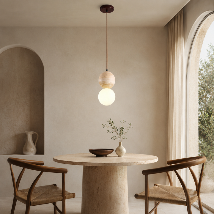 Natural Travertine Pendant Light – Wood & Stone Hanging Lamp