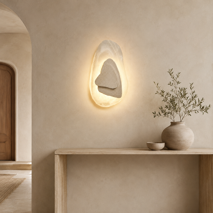 Travolith Wabi-Sabi Yellow Travertine LED Wall Sconce – Warm Ambient Light for Bedroom, Hallway & Hotel Interiors