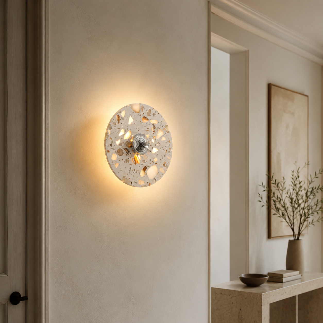 Travolith Ivory Mosaic Halo LED Wall Sconce – Silver Wabi-Sabi Bedside Accent Light - product view 6