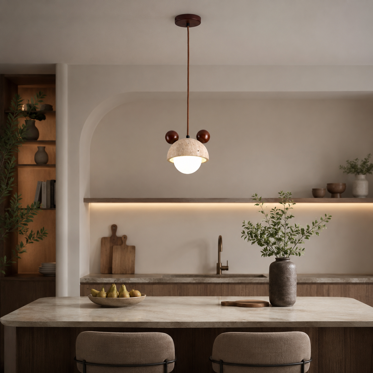 Travolith Wabi-Sabi Yellow Travertine & Wood Pendant Light – Vintage Bedside Hanging Lamp - product view 6