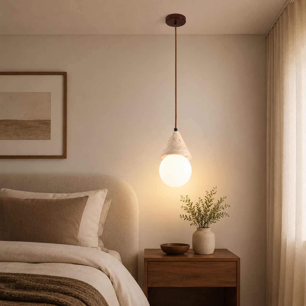 Travolith Wabi-Sabi Yellow Travertine Globe Pendant Light – Vintage Bedside Ceiling Lamp - product view 2
