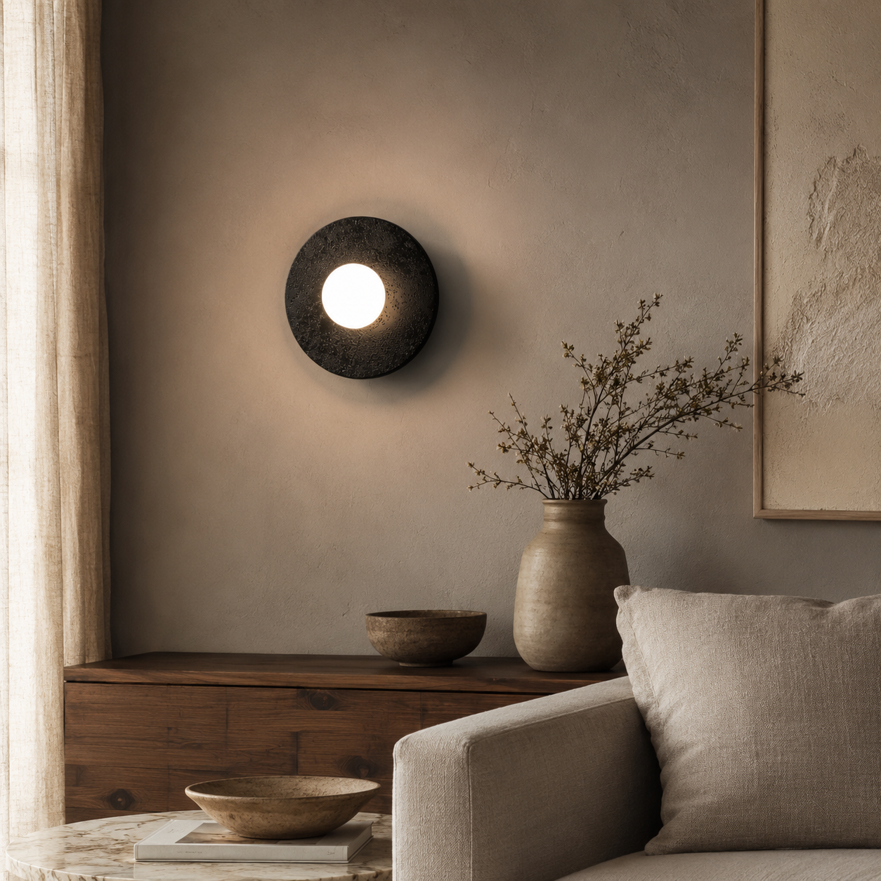 Travolith Round Travertine Wall Light – Natural Stone and Glass Sconce Available in Three Sizes - product view 5