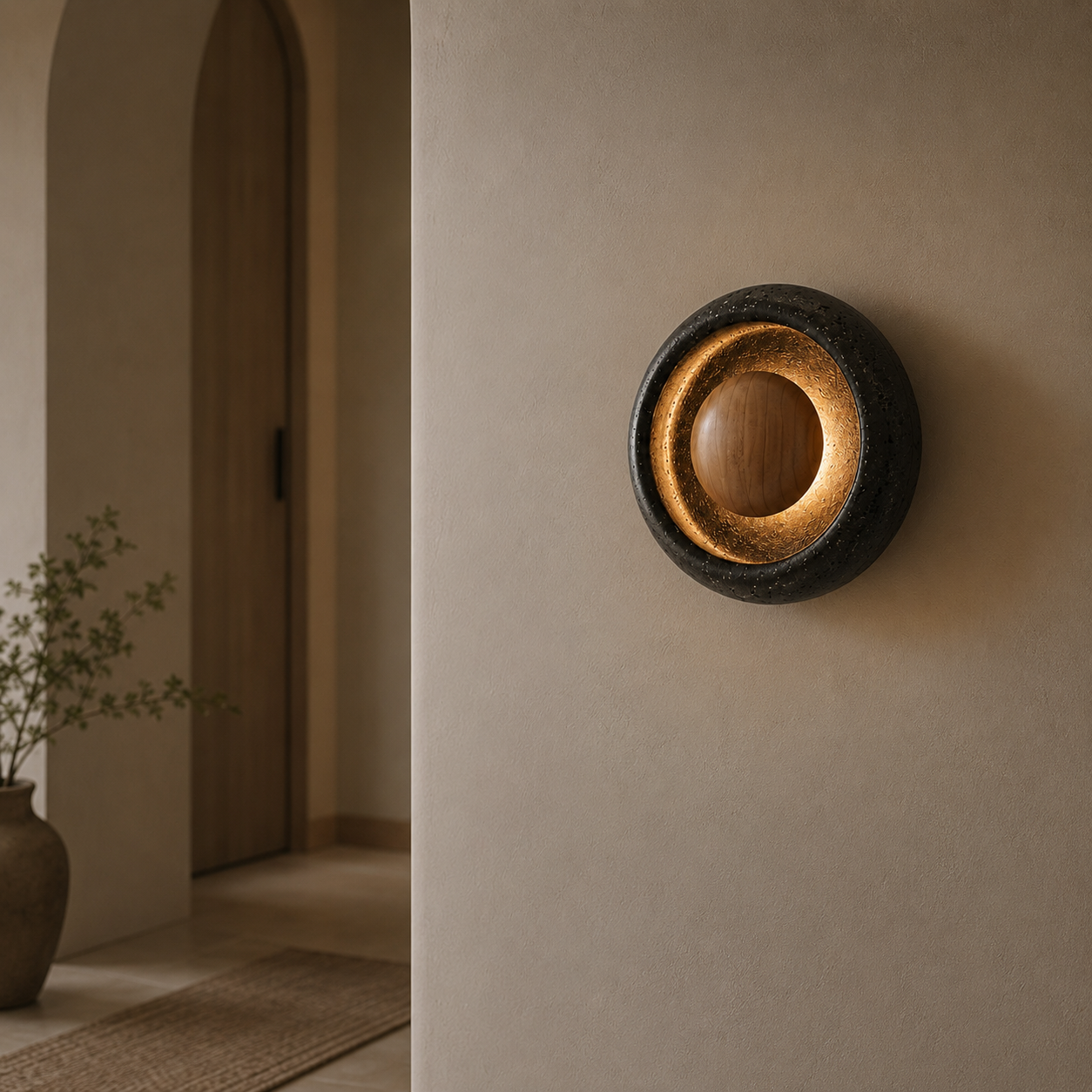 Travolith Black Travertine Halo Wall Light – Natural Stone, Glass and Wood LED Fixture - product view 5