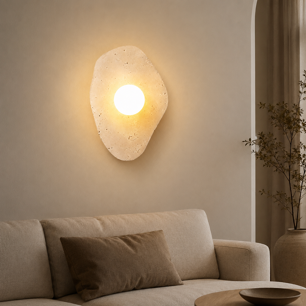 Travolith Wabi-Sabi Travertine Wall Sconce – Natural Stone Ambient Light for Bedroom, Entryway & Hallway - product view 3