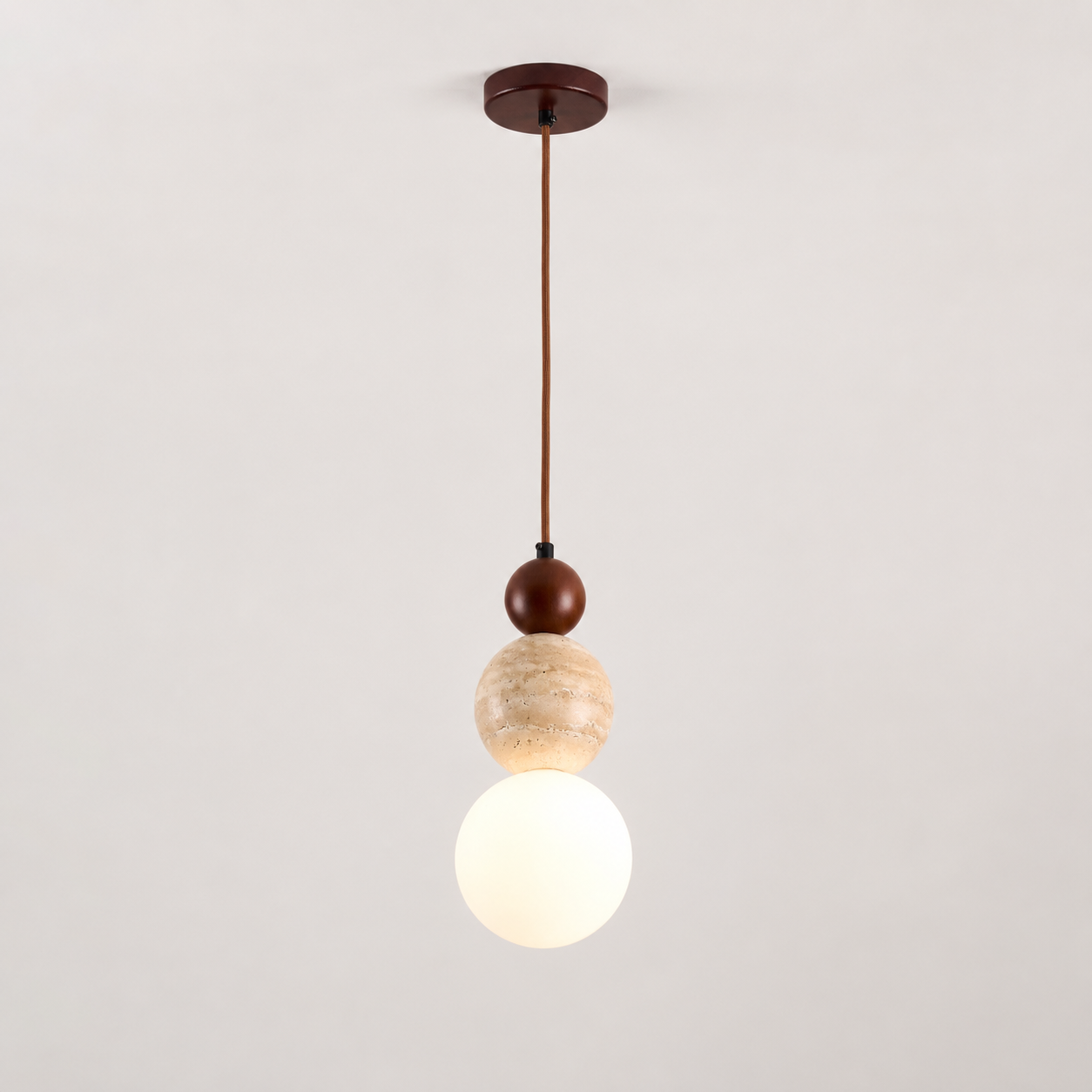 Travolith Vintage Cream Travertine Pendant Light – Wood & Stone Hanging Lamp - product view 3