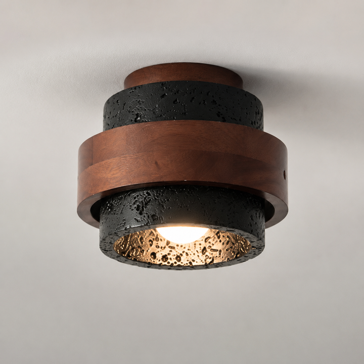 Travolith 6903 Black Travertine Flush Mount – Wood-Wrapped Natural Stone Ceiling Light