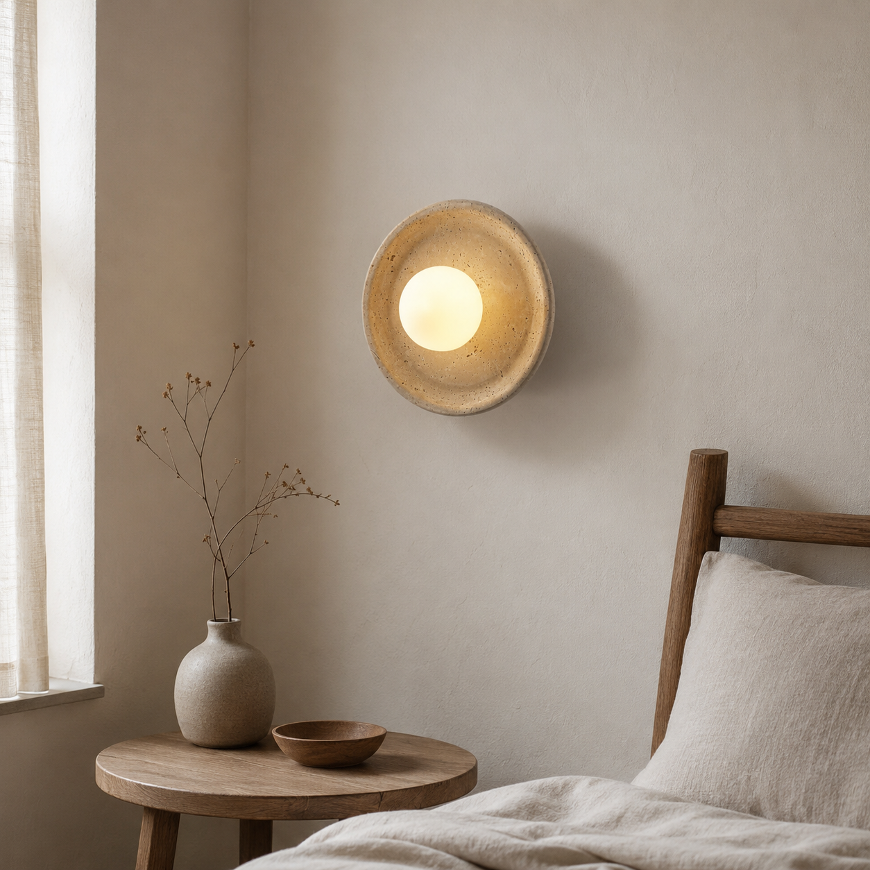 Travolith Sora Nest Travertine Wall Sconce – Wabi-Sabi Stone and Glass Light - product view 3