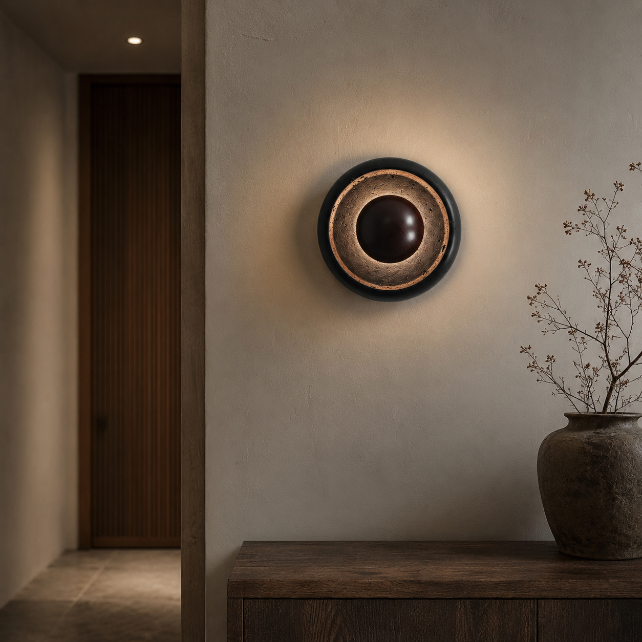Travolith Black Travertine Halo Wall Light – Natural Stone, Glass and Wood LED Fixture - product view 9