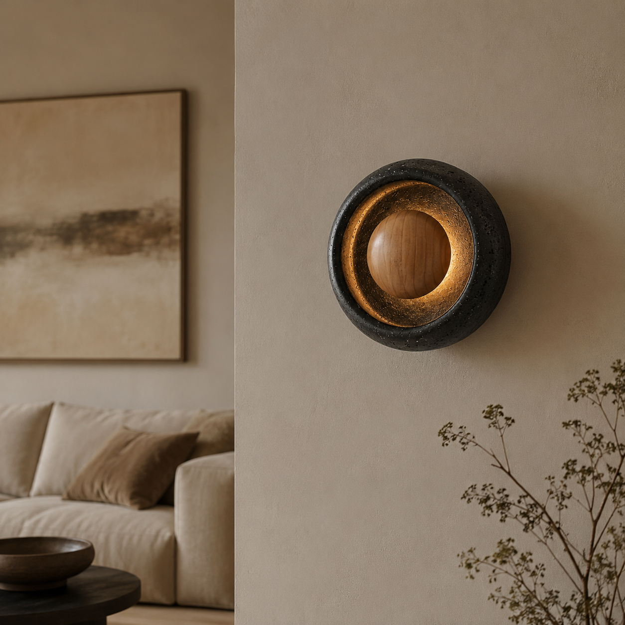 Travolith Black Travertine Halo Wall Light – Natural Stone, Glass and Wood LED Fixture - product view 6