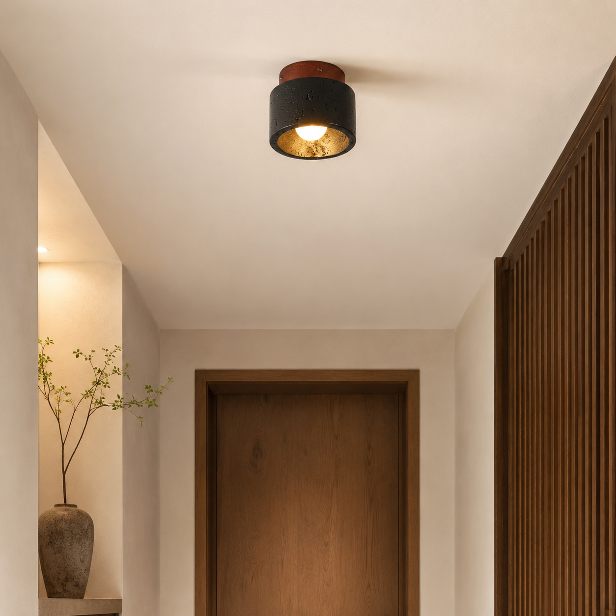 Travolith 6906 Black Travertine Ceiling Light – Compact Natural Stone Fixture with Wood Canopy - product view 7