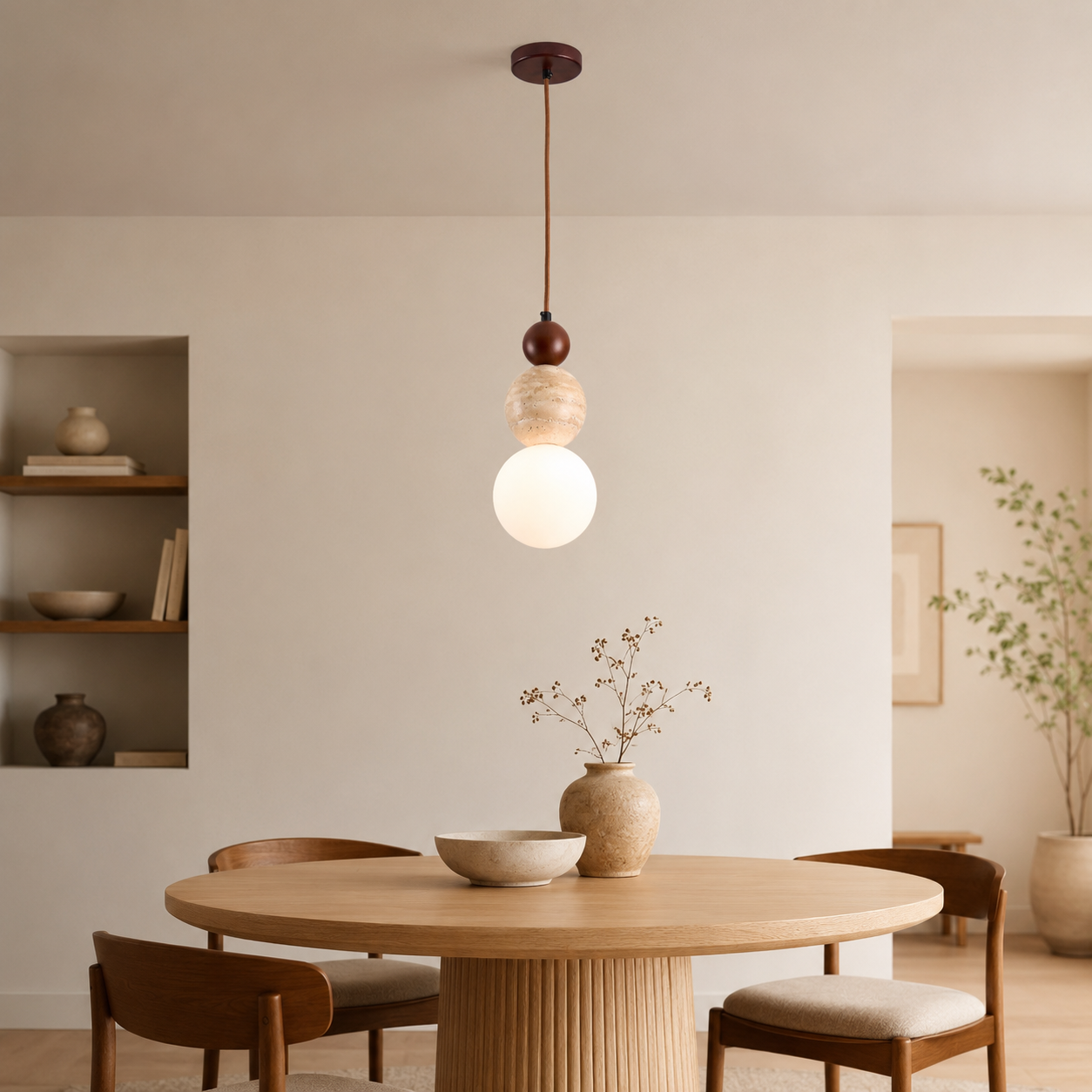 Travolith Vintage Cream Travertine Pendant Light – Wood & Stone Hanging Lamp - product view 5