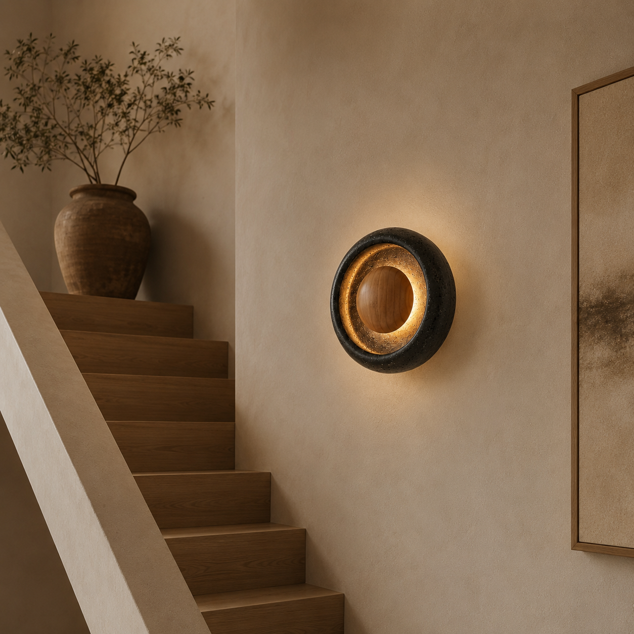 Travolith Black Travertine Halo Wall Light – Natural Stone, Glass and Wood LED Fixture - product view 7