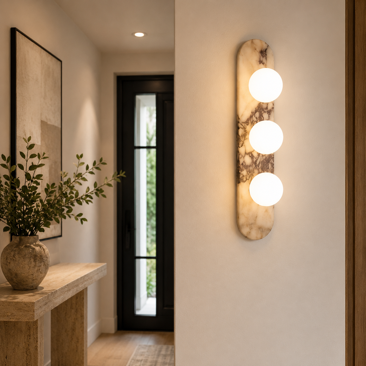 Travolith Patterned Stone Triple-Globe Wall Light – Vertical Natural Stone Sconce with Brass Details - product view 9