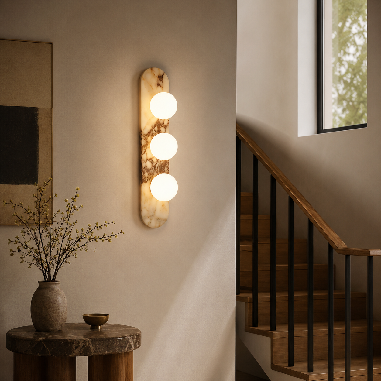 Travolith Patterned Stone Triple-Globe Wall Light – Vertical Natural Stone Sconce with Brass Details - product view 11