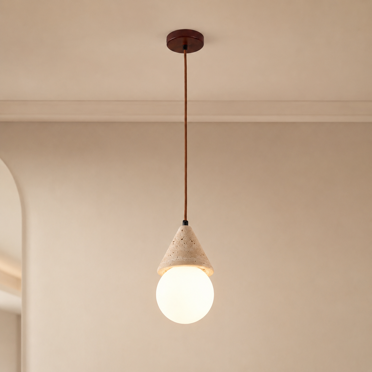 Travolith Wabi-Sabi Yellow Travertine Globe Pendant Light – Vintage Bedside Ceiling Lamp - product view 4