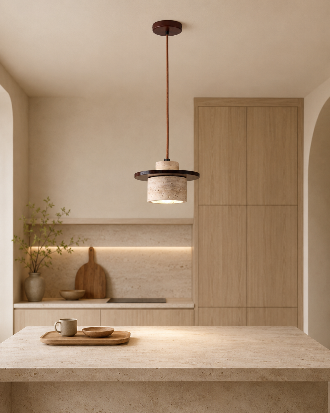 Travolith Model 6149 Natural Yellow Travertine & Wood Pendant Light – E27 Hanging Lamp - product view 6