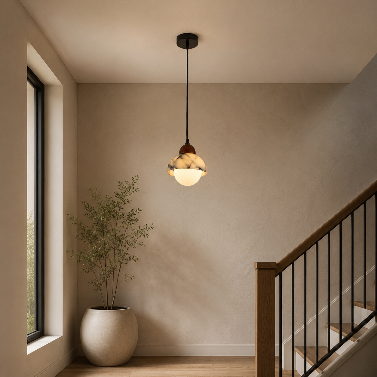Travolith Patterned Stone Pendant Light – Pearl Black and Brass Natural Stone Ceiling Fixture - product view 6