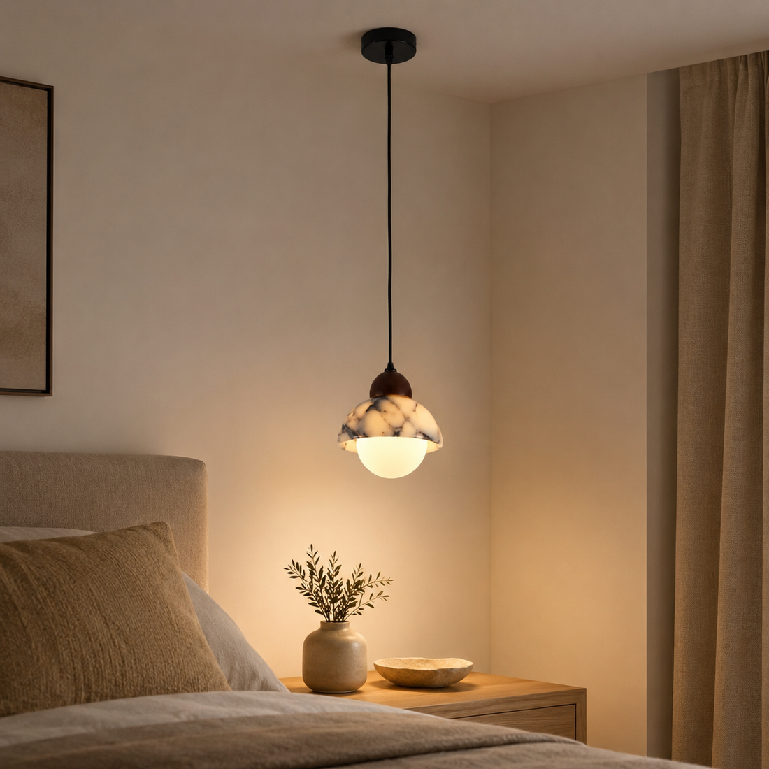 Travolith Patterned Stone Pendant Light – Pearl Black and Brass Natural Stone Ceiling Fixture - product view 1