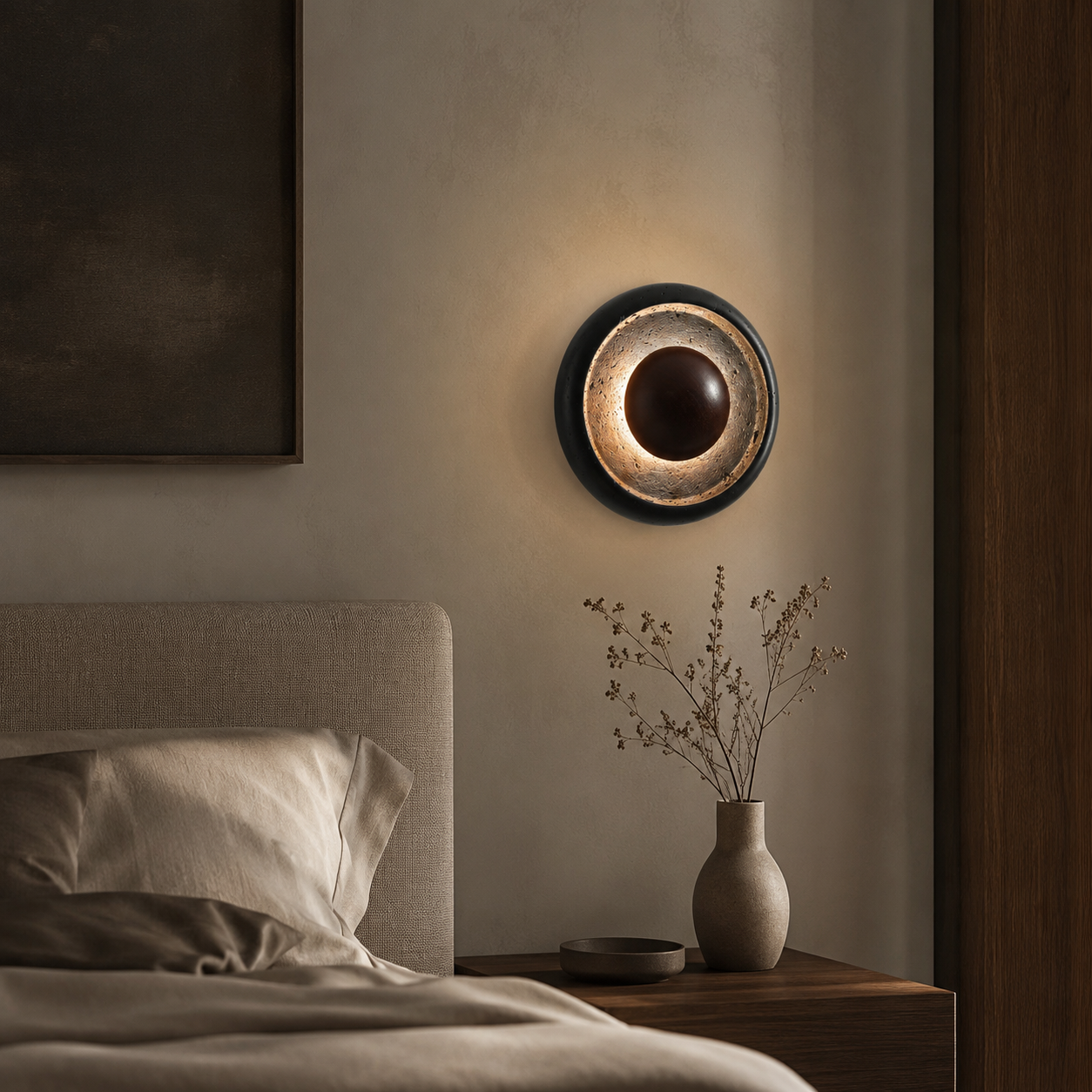 Travolith Black Travertine Halo Wall Light – Natural Stone, Glass and Wood LED Fixture - product view 10