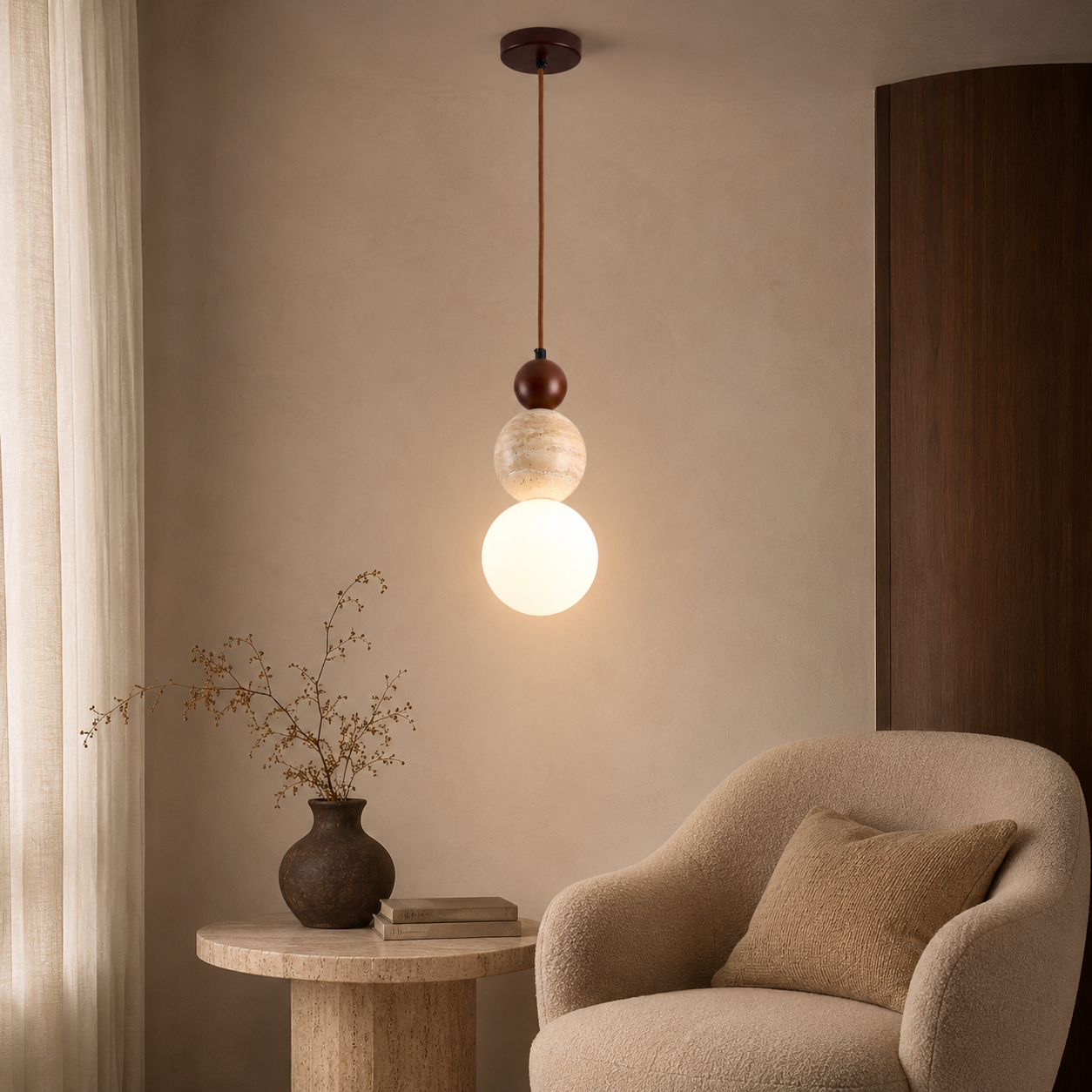 Travolith Vintage Cream Travertine Pendant Light – Wood & Stone Hanging Lamp - product view 6