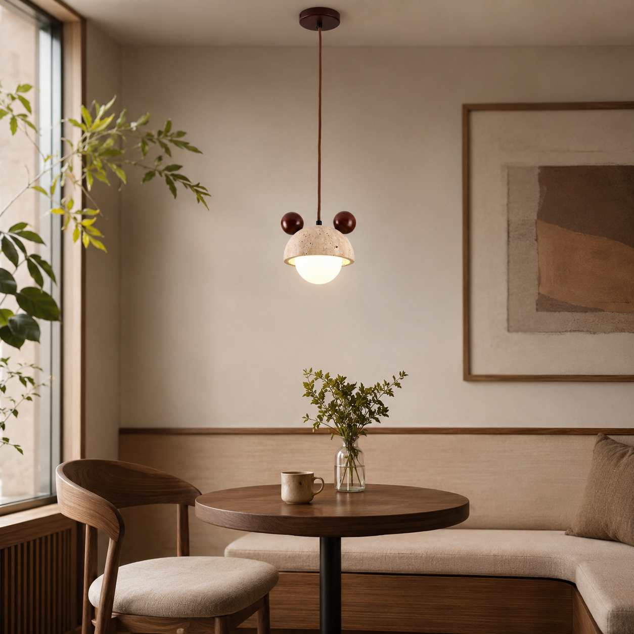 Travolith Wabi-Sabi Yellow Travertine & Wood Pendant Light – Vintage Bedside Hanging Lamp - product view 7
