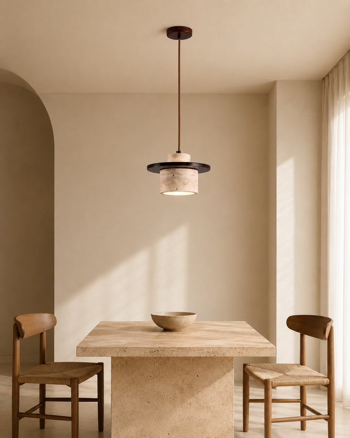 Model 6149 Natural Yellow Travertine & Wood Pendant Light – E27 Hanging Lamp