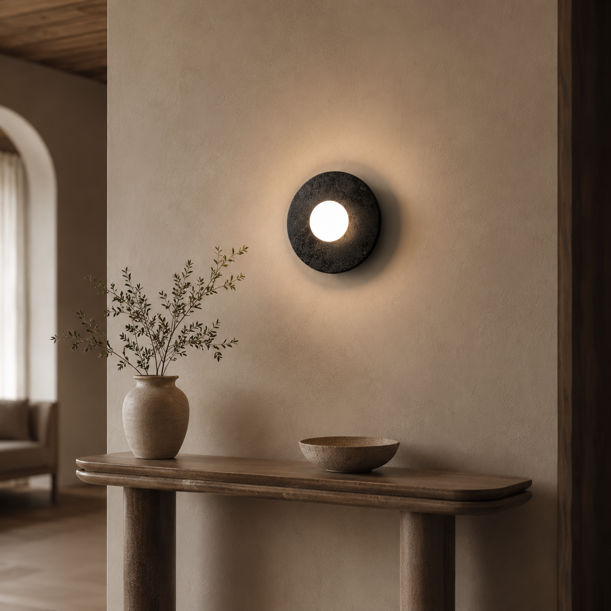 Travolith Round Travertine Wall Light – Natural Stone and Glass Sconce Available in Three Sizes - product view 7
