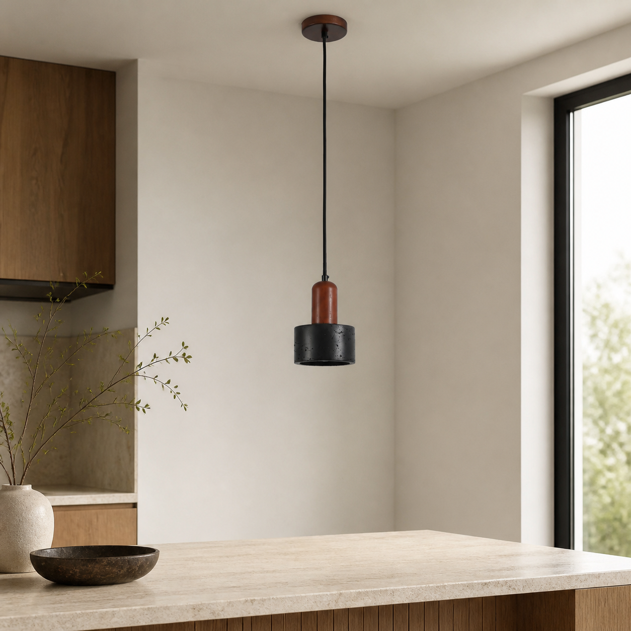 Travolith Black Travertine Pendant Light with Wood Accent – Large & Small Options - product view 3
