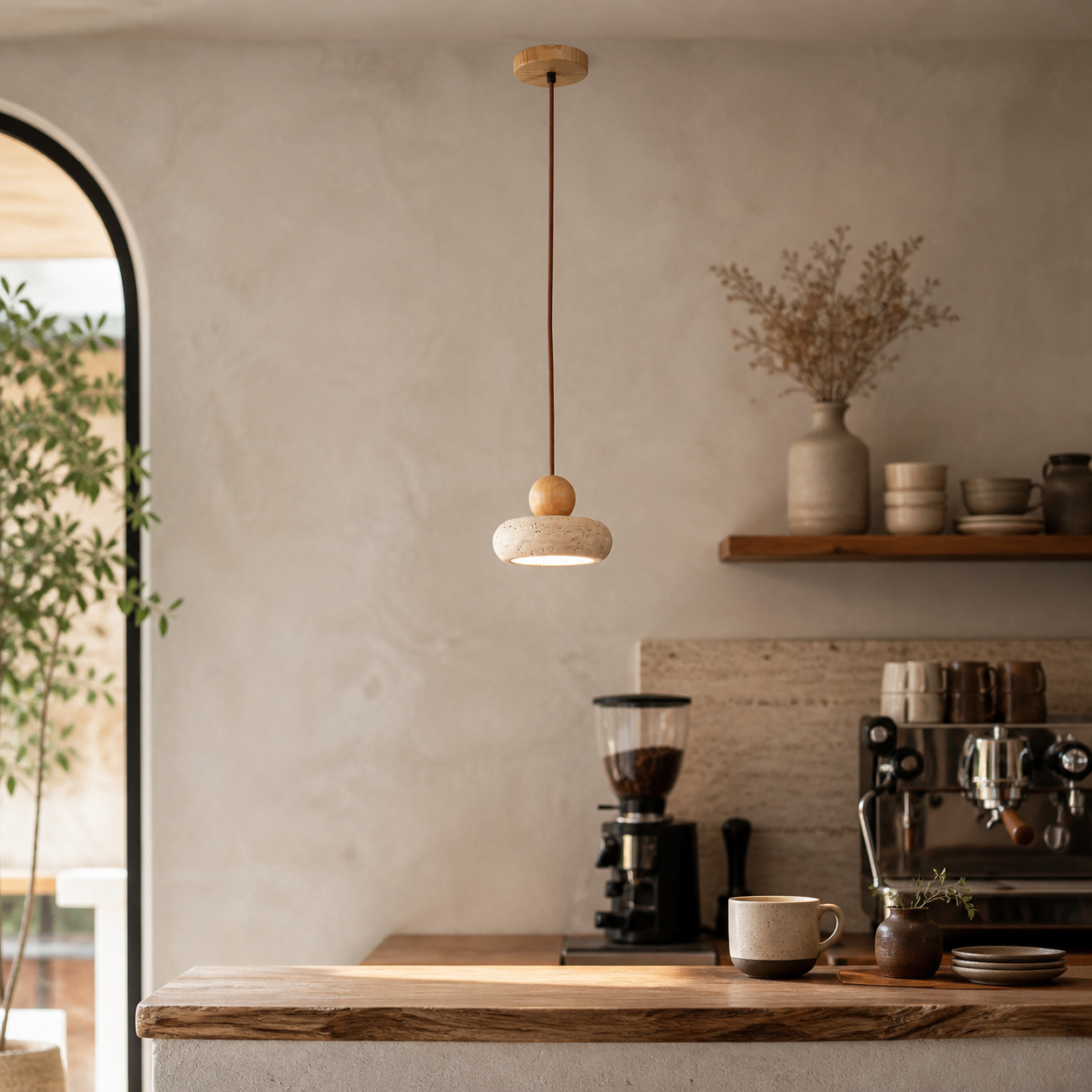 Travolith Yellow Travertine Pendant Light – Wood & Natural Stone Design - product view 7